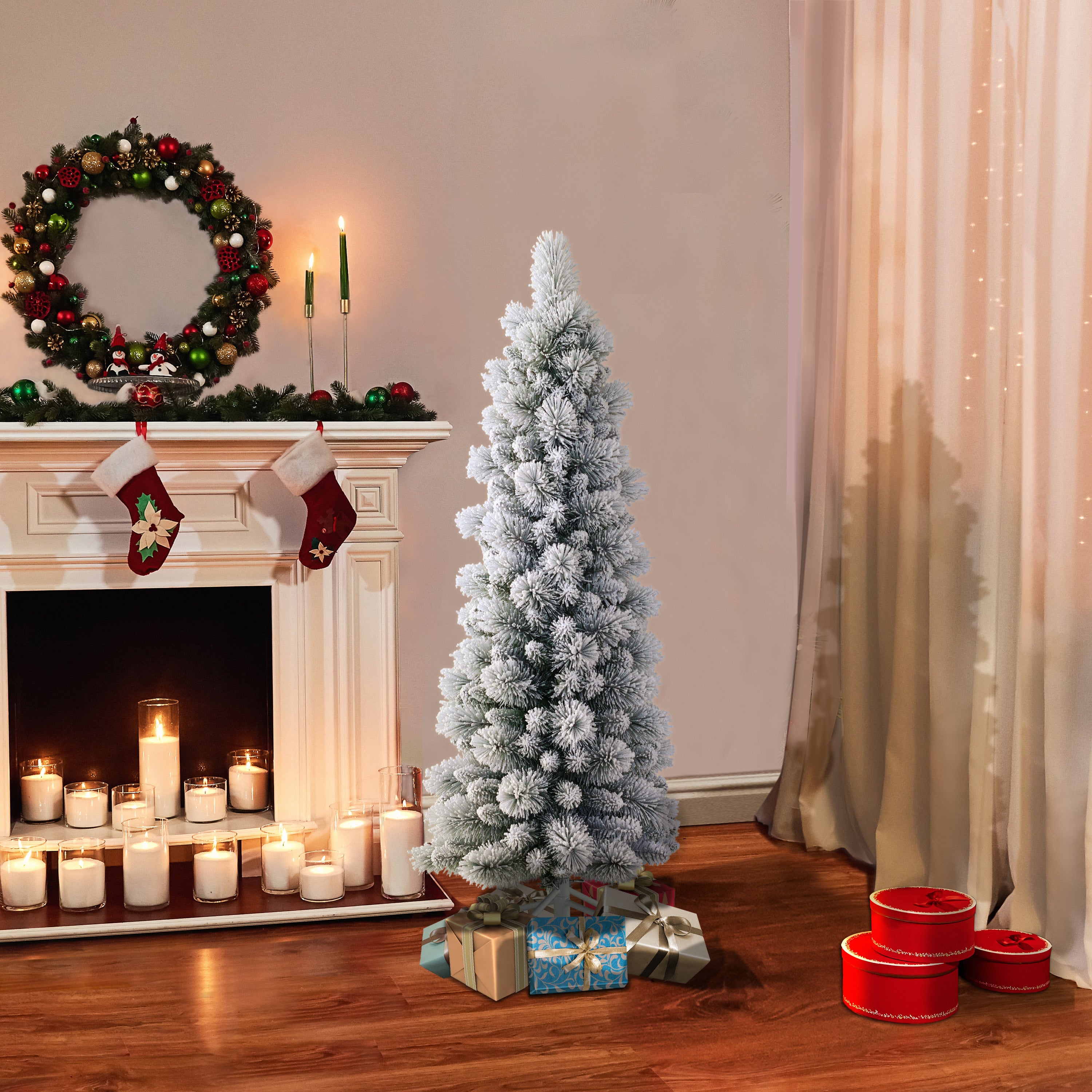 4.5ft ft Flocked Portland Pine Pencil Christmas Tree Metal Stand Green